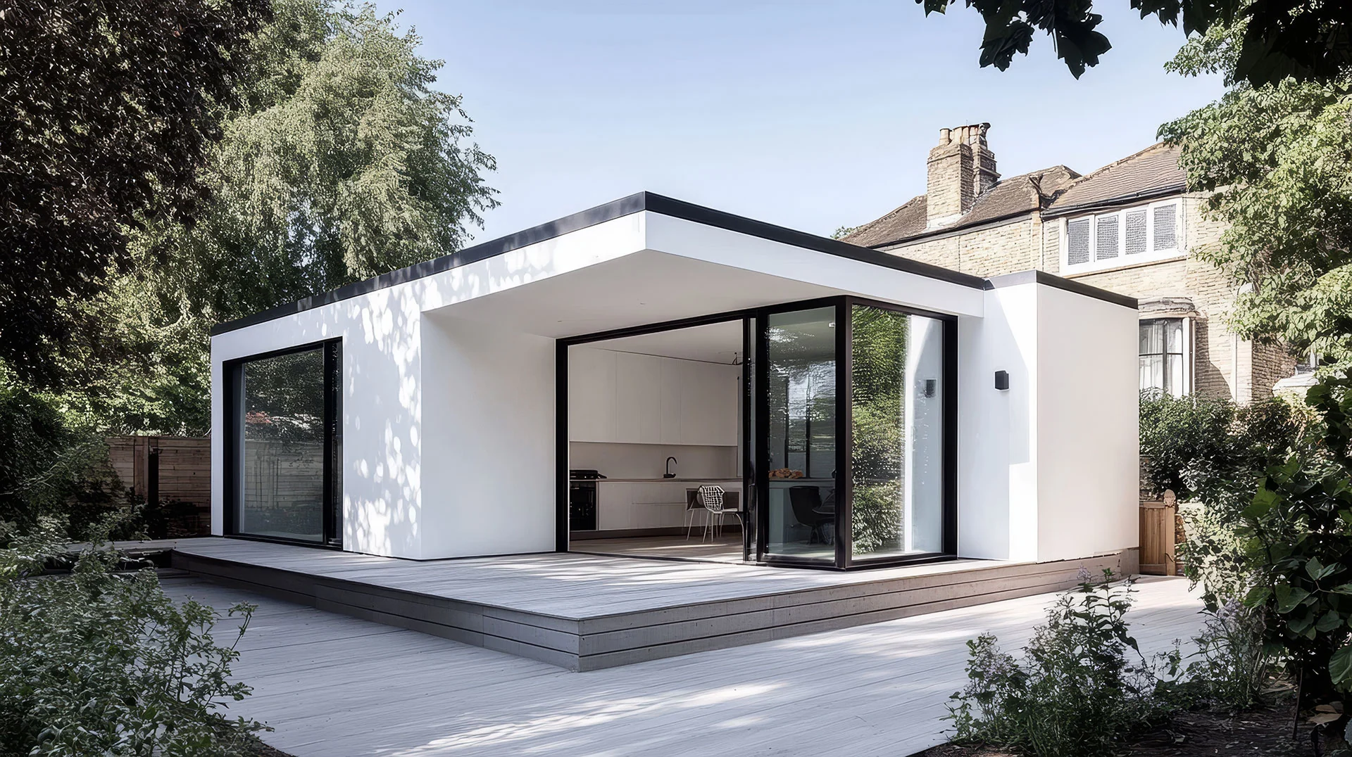 Extension contemporaine de maison avec grandes baies vitrées